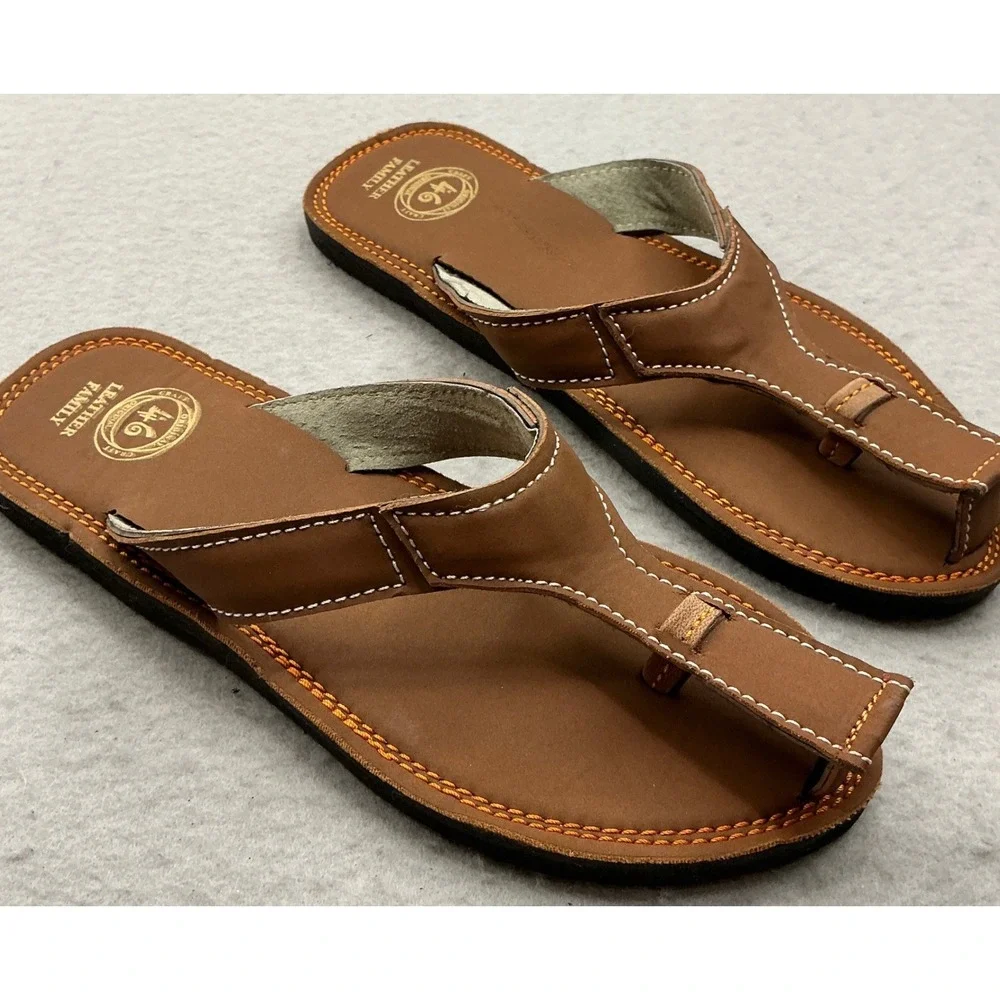 Leather Family Brown Leather T-Strap Sandals Contrast Stitch Mens Size 12 Boho